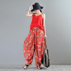 Original Design Red Floral Pants Ramie Loose Balloon Pants