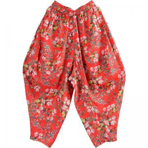 Original Design Red Floral Pants Ramie Loose Balloon Pants