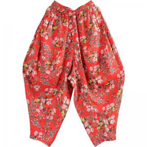 Original Design Red Floral Pants Ramie Loose Balloon Pants