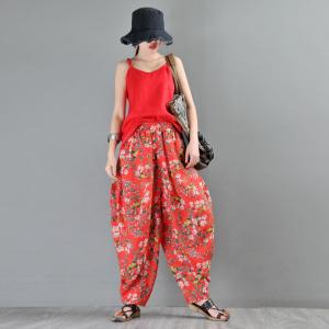 Original Design Red Floral Pants Ramie Loose Balloon Pants