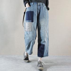 Cloth Patchwork Baggy Boyfriend Jeans Contrast Color Straight-Leg Jeans