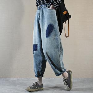 Blue Patchwork Korean Cuffed Jeans Baggy Mom Jeans 90s