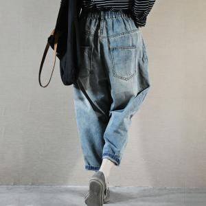 Blue Patchwork Korean Cuffed Jeans Baggy Mom Jeans 90s