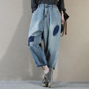 Blue Patchwork Korean Cuffed Jeans Baggy Mom Jeans 90s