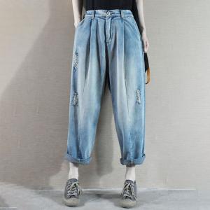 Baggy-Fit Embroidered Mom Jeans Straight-Legs Distressed Denim