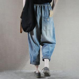 Baggy-Fit Embroidered Mom Jeans Straight-Legs Distressed Denim