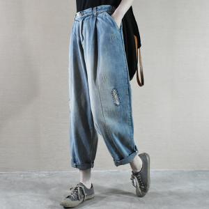 Baggy-Fit Embroidered Mom Jeans Straight-Legs Distressed Denim