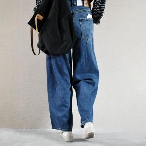 Dark Blue High Rise Straight Jeans Korean Baggy Cuffed Mom Pants