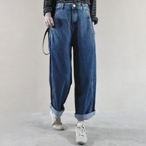 Dark Blue High Rise Straight Jeans Korean Baggy Cuffed Mom Pants