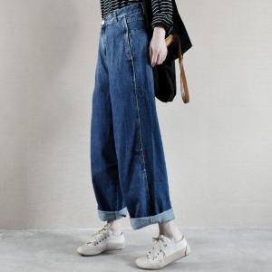 Dark Blue High Rise Straight Jeans Korean Baggy Cuffed Mom Pants