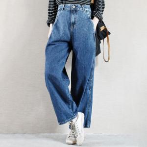 Dark Blue High Rise Straight Jeans Korean Baggy Cuffed Mom Pants