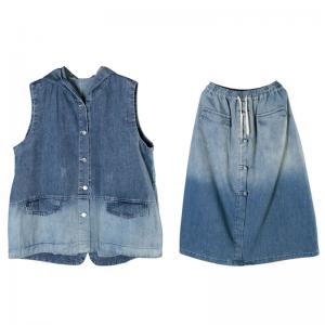 Blue Fading Denim Hooded Vest with Button Down Jean Maxi Skirt