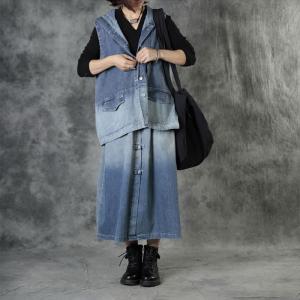 Blue Fading Denim Hooded Vest with Button Down Jean Maxi Skirt