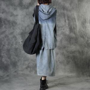 Blue Fading Denim Hooded Vest with Button Down Jean Maxi Skirt