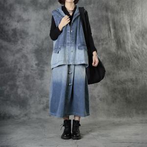 Blue Fading Denim Hooded Vest with Button Down Jean Maxi Skirt