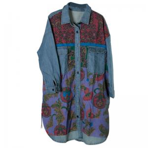 Ethnic Patterns Oversized Denim Shirt Flap Pocket Long Shirt