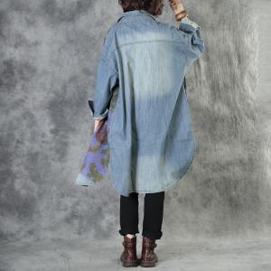 Ethnic Patterns Oversized Denim Shirt Flap Pocket Long Shirt