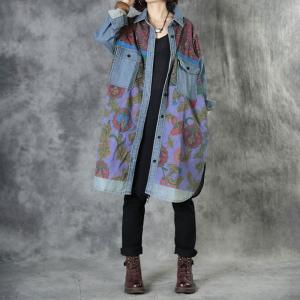 Ethnic Patterns Oversized Denim Shirt Flap Pocket Long Shirt