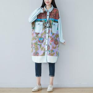 Ethnic Patterns Oversized Denim Shirt Flap Pocket Long Shirt