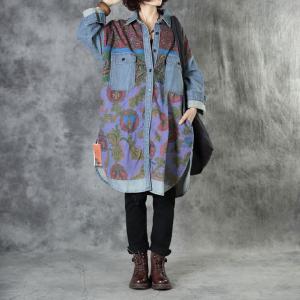 Ethnic Patterns Oversized Denim Shirt Flap Pocket Long Shirt