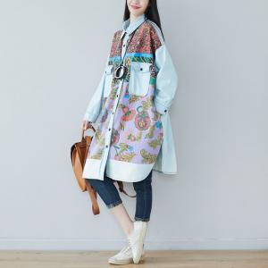 Ethnic Patterns Oversized Denim Shirt Flap Pocket Long Shirt