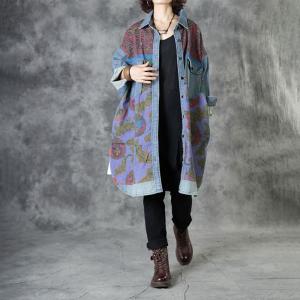 Ethnic Patterns Oversized Denim Shirt Flap Pocket Long Shirt