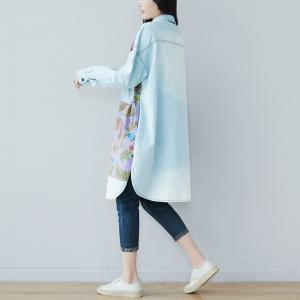 Ethnic Patterns Oversized Denim Shirt Flap Pocket Long Shirt