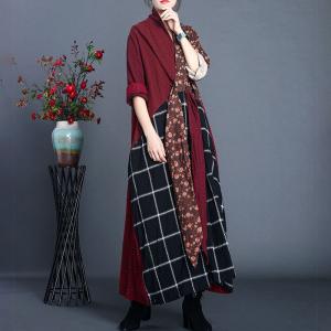 Checker and Floral Maxi Kimono Dress Cotton Linen Burgundy Tied Front Dress