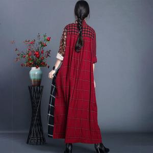 Checker and Floral Maxi Kimono Dress Cotton Linen Burgundy Tied Front Dress