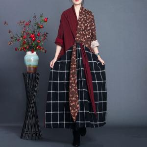 Checker and Floral Maxi Kimono Dress Cotton Linen Burgundy Tied Front Dress