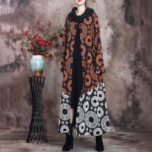 Rust Contrast Jacquard Womens Winter Coat Plus Size Dotted Elegant Overcoat