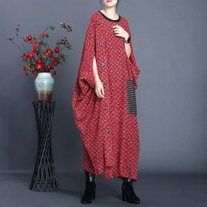 Striped Pocket Wool Maxi Caftan Slanted Buttons Plus Size Muslim Sweater Dress