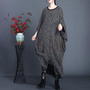 Striped Pocket Wool Maxi Caftan Slanted Buttons Plus Size Muslim Sweater Dress