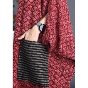 Striped Pocket Wool Maxi Caftan Slanted Buttons Plus Size Muslim Sweater Dress