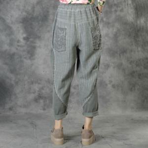 Lace Pocket Cotton Linen Tapered Pants Baggy Casual Girl Pants