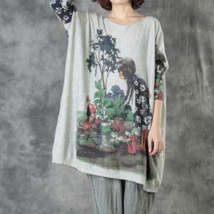 Character Prints Long Sleeve Tunic Sweater Oversized Gray Pullover Sweater