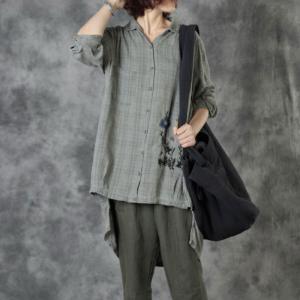 Sage Green Embroidered Shirt Checkered Asymmetrical Tunic Top