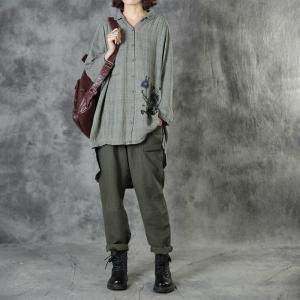 Sage Green Embroidered Shirt Checkered Asymmetrical Tunic Top