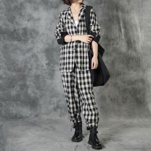 Baggy-Fit Black Checkered Blazer with Cotton Linen Carrot Pants