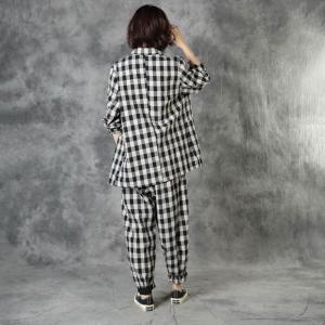 Baggy-Fit Black Checkered Blazer with Cotton Linen Carrot Pants