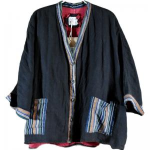 Colorful Striped Pocket Ethnic Outfits Plus Size Cotton Linen Chinese Cardigan