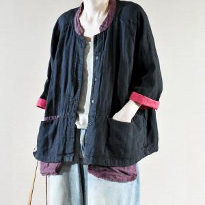 Chinese Style Flax Peasant Blouse Designer Pockets Vintage Outerwear