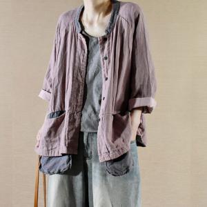 Chinese Style Flax Peasant Blouse Designer Pockets Vintage Outerwear