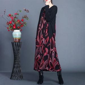 Over50 Style Abstract Prints Wool Dress Long Sleeve Winter Shift Dress