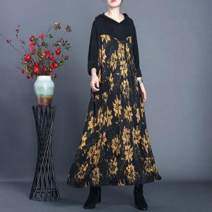 Dense Flowers Woolen Hooded Dress Large Vintage Sweater Dress