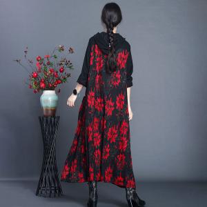 Dense Flowers Woolen Hooded Dress Large Vintage Sweater Dress