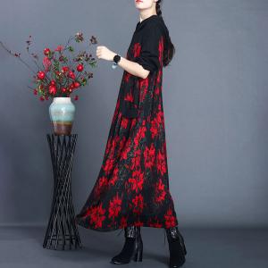 Dense Flowers Woolen Hooded Dress Large Vintage Sweater Dress