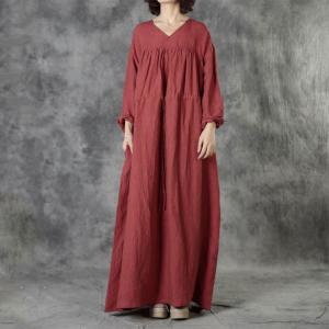 High-End Linen Rust Maxi Dress Loose-Fit Drawstring Resort Dress