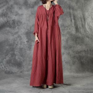 High-End Linen Rust Maxi Dress Loose-Fit Drawstring Resort Dress