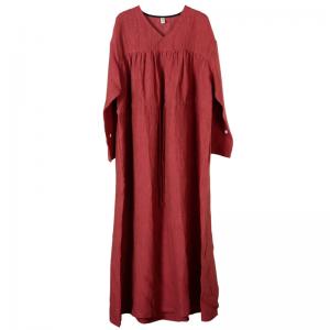 High-End Linen Rust Maxi Dress Loose-Fit Drawstring Resort Dress